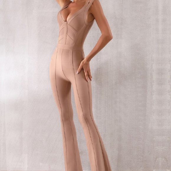 BEIGE BANDAGE JUMPSUIT NUDE PANTSUIT CAMEL JUMPER - Picture 8 of 15
